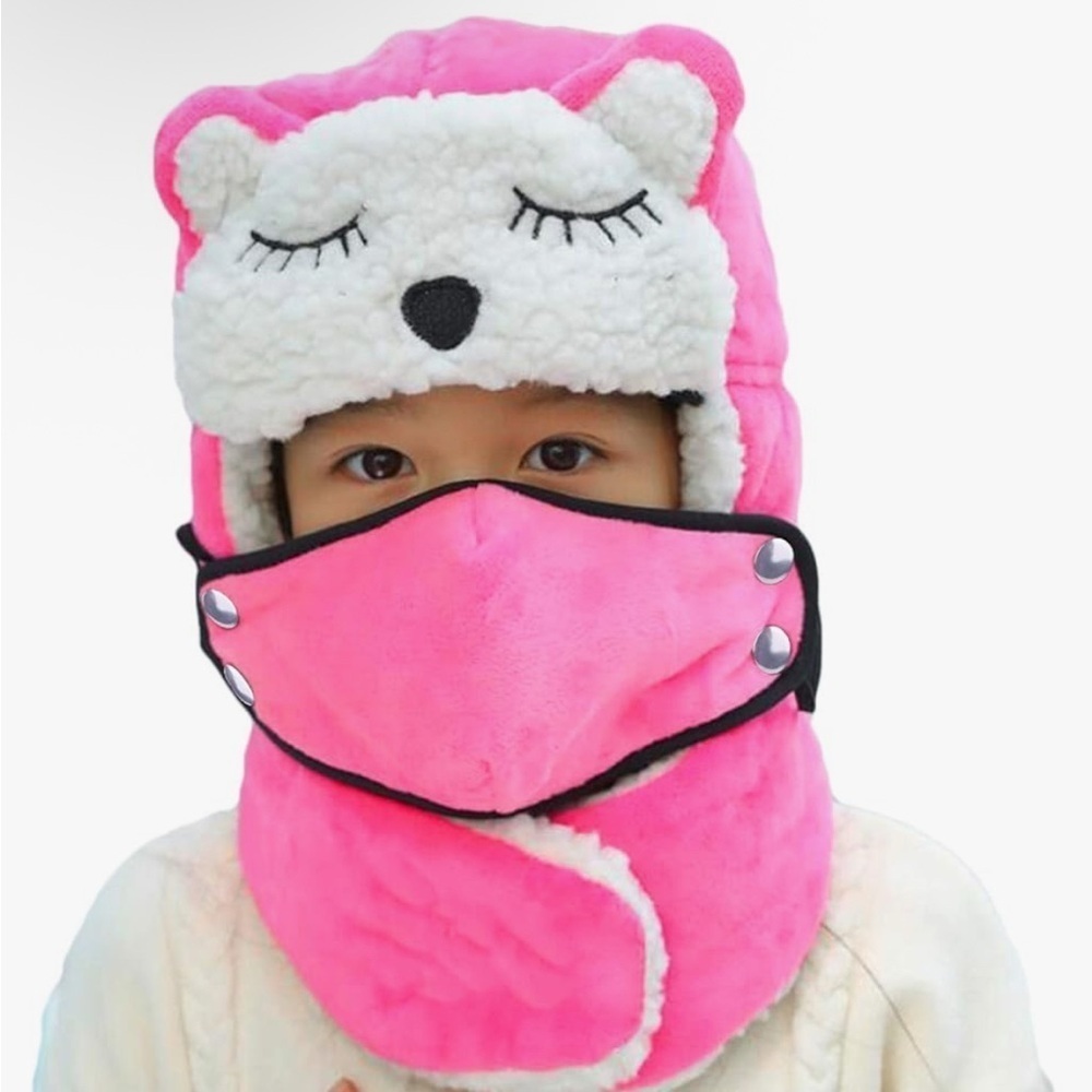 Pink Bear Winter Hat with Face Cover (064)